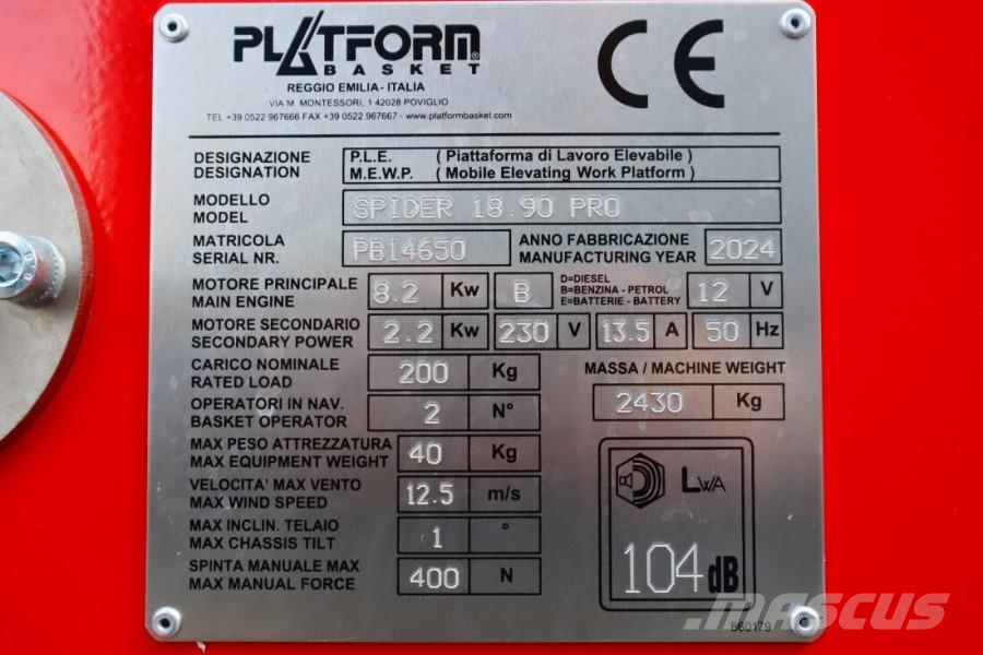Platform Basket Spider 18.90 PRO CE Declaration, Valid inspection, Nacelles articulées