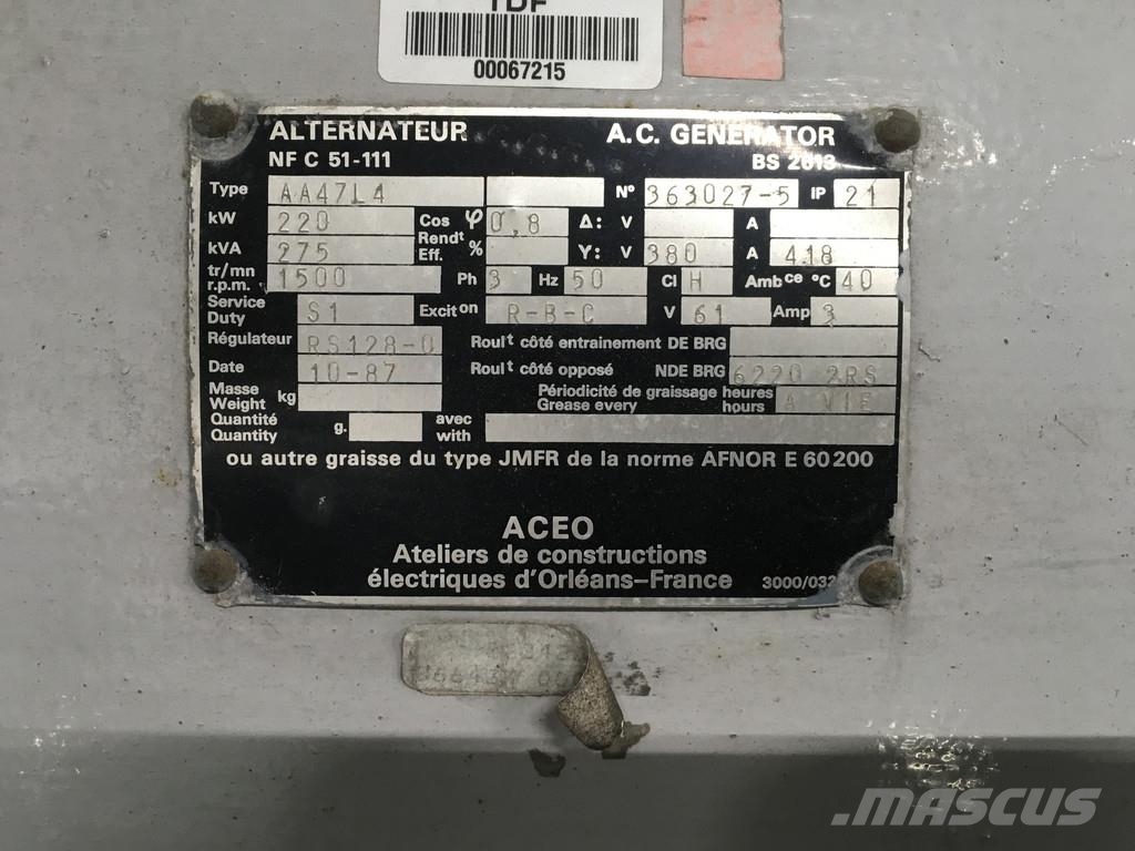 Cummins KT19G GENERATOR 275KVA USED Muut generaattorit