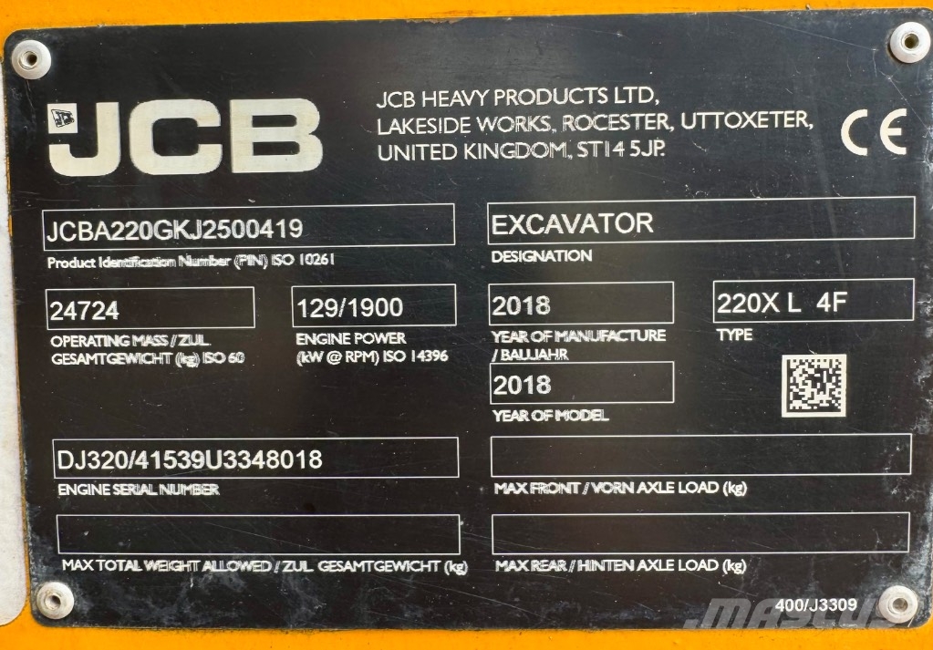 JCB 220 XL 4F 大型油圧ショベル12t以上（パワーショベル・ユンボ）