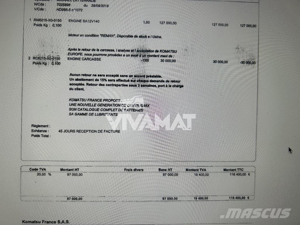 Komatsu SA12V140 - WA800 - HD785 - HD985 - D475 engine - Motores