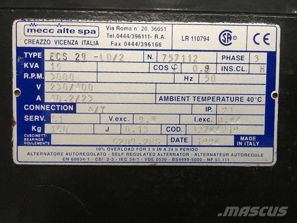 Lombardini LDW1204/B2 GENERATOR 16 KVA USED Dieselgeneratorer