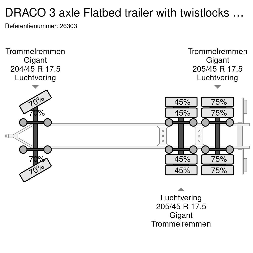 Draco 3 axle Flatbed trailer with twistlocks extendable Vlakke laadvloer
