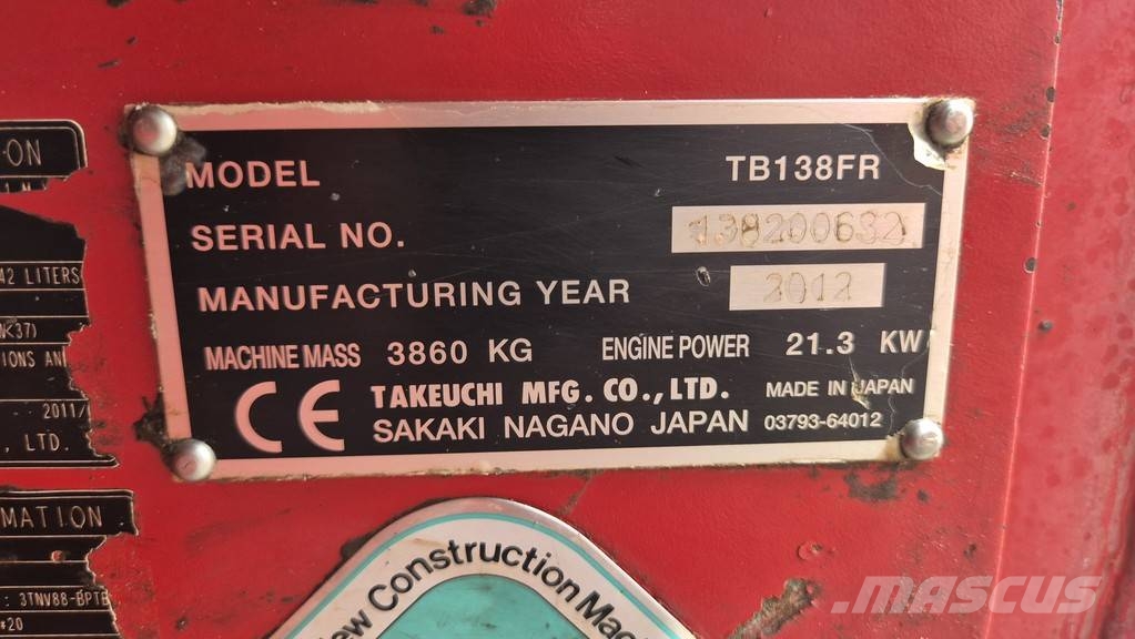 Takeuchi TB138FR - POWERTILT - 3X BUCKETS - 2012 YEAR Мини екскаватори < 7 т