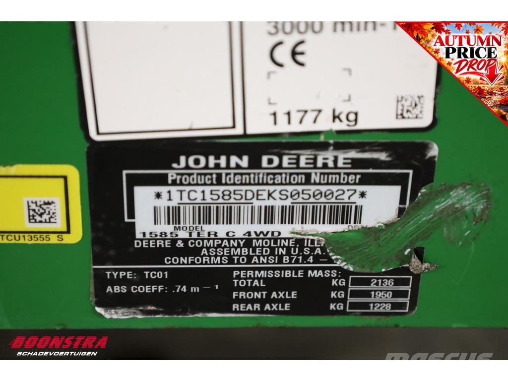 John Deere 1585 Airco 4x4 BY 2019 Frontmäher 제초기