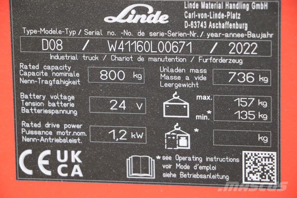 Linde D08 Pedestrian stackers