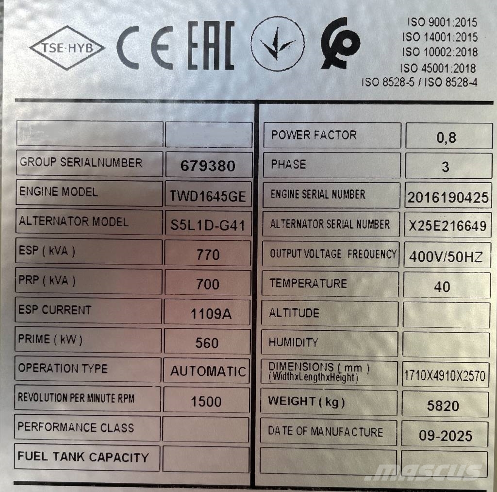 Volvo TWD1645GE - 770 kVA Generator - DPX-18885 Dizel generatori