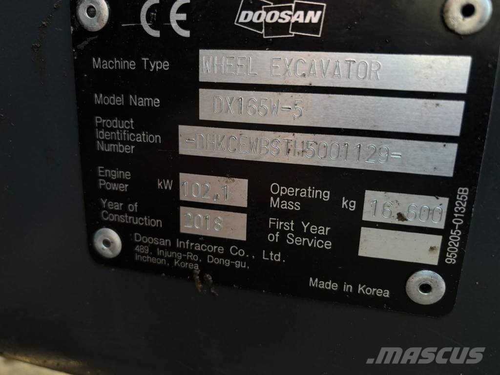 Doosan DX 165 W-5 / 3D, Engcon, Rasvari, 6 Lisälaitetta Колесни екскаватори