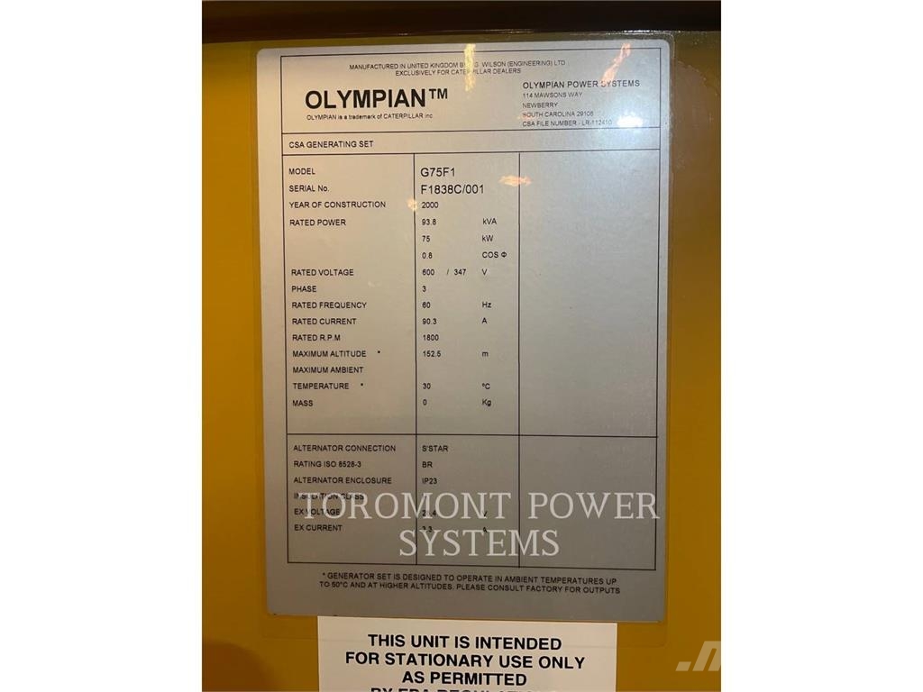 Olympian G75F1_75KW_ 600V_STANDB_GAS ディーゼル発電機