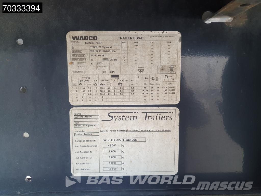  SYSTEM TRAILERS TFSSL 27 Plywood 3 axles SAF Kofferauflieger