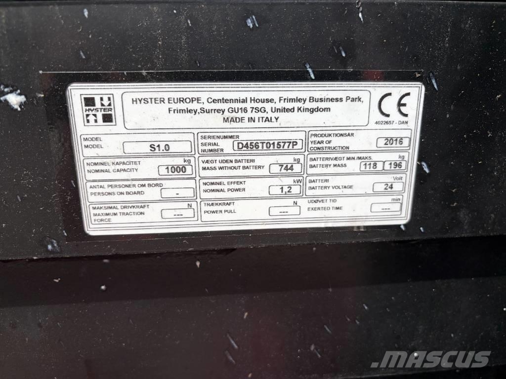 Hyster S1.0 1000kg Stapelaar Ručni električni viljuškar