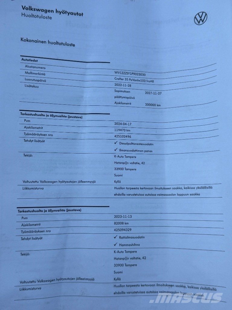 Volkswagen Crafter 2.0 pitkä/ extra korkea Preču pārvadāšanas furgoni