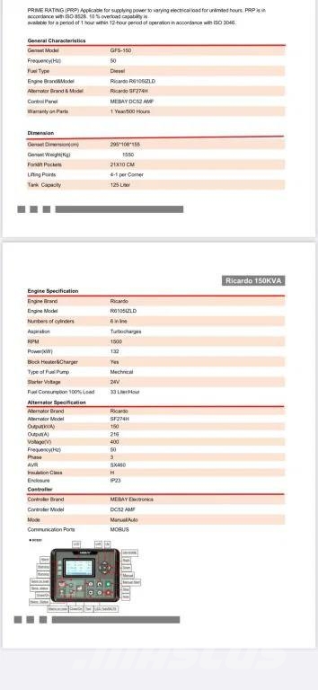 Ricardo 150 KVA (120KW) Silent Generator 3 Phase 50HZ 400V Γεννήτριες ντίζελ