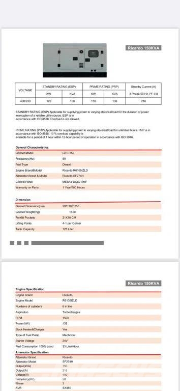 Ricardo 150 KVA (120KW) Silent Generator 3 Phase 50HZ 400V Γεννήτριες ντίζελ