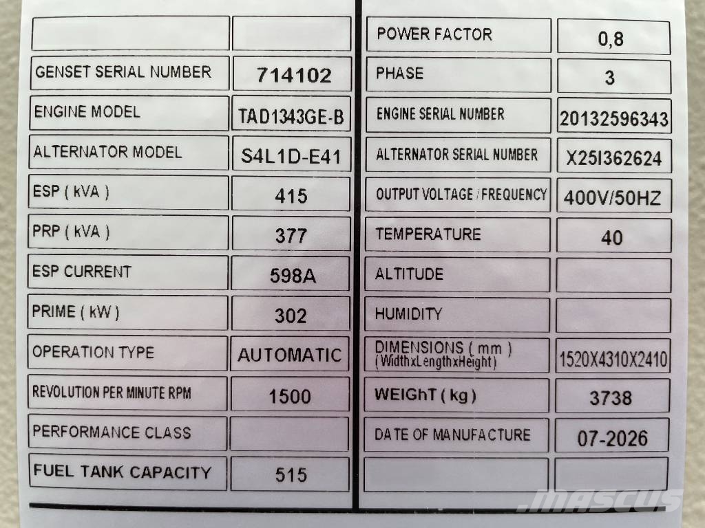 Volvo TAD1343GE-B - 415 kVA Generator - DPX-18879 Dizel generatori