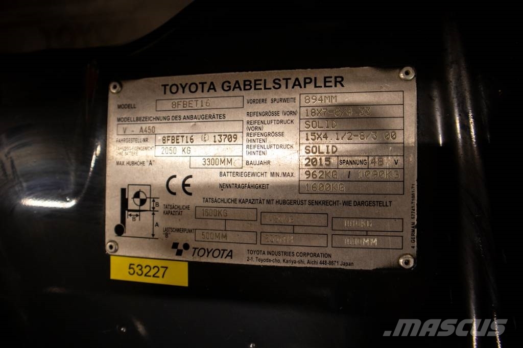 Toyota Traigo 8FBET16, 1,6-tons elmotvikt non-markingdäck Elektro Stapler