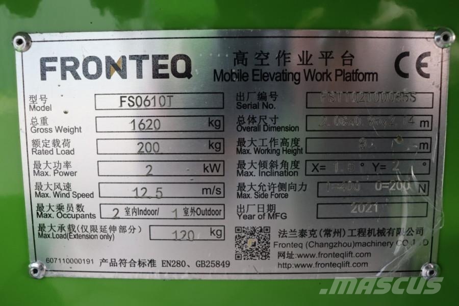 Fronteq FS0610T CE Declaration, 6.7m Working Height, 200kg Makasli platformlar