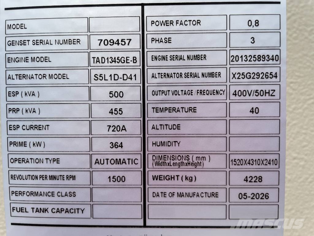 Volvo TAD1345GE - 500 kVA Generator - DPX-18881 Dizel generatori