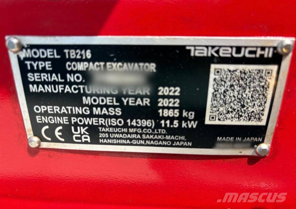 Takeuchi TB 216 Inclusief Hydraulische Bak Mini bagri <7t
