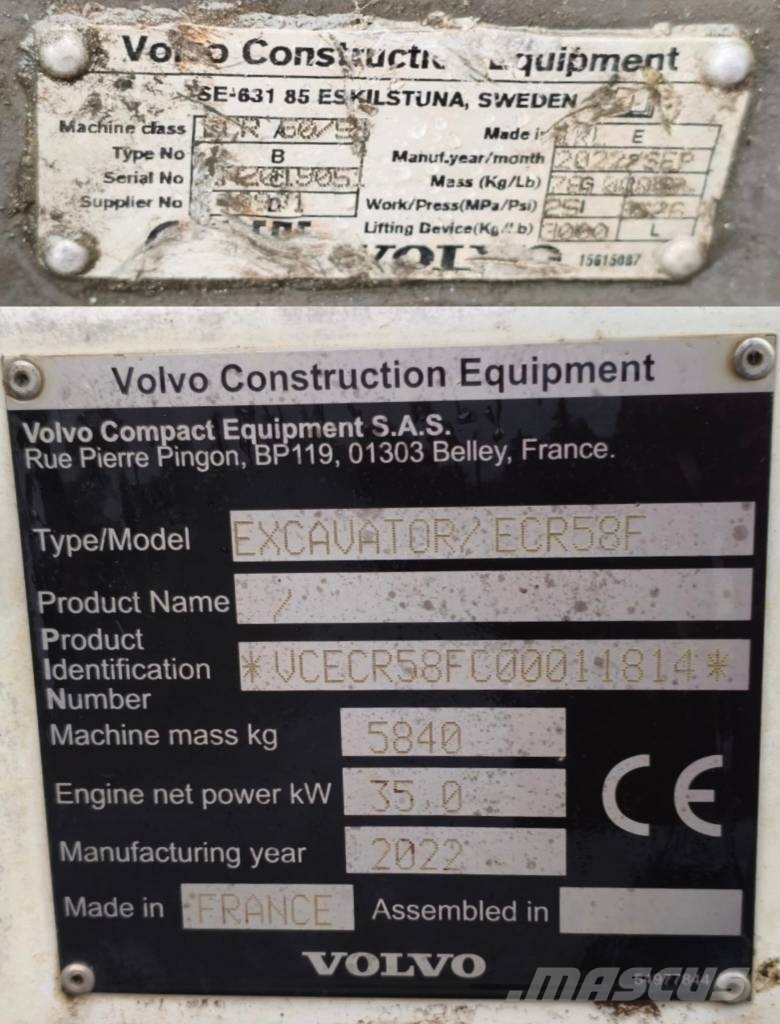 Volvo ECR58F / Certificat CE endommagée Mini bageri <7t
