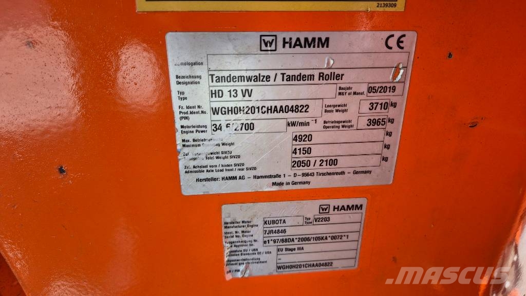 Hamm HD 13 VV - 2019 YEAR - 1435 WORKING HOURS タンデムローラ