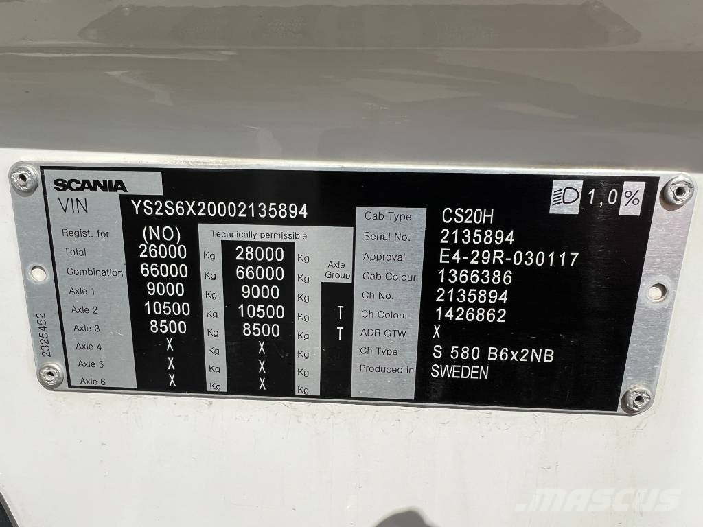 Scania S580B6X2NB EURO6, full air, 9T front axel!! Camiones con chasís y cabina