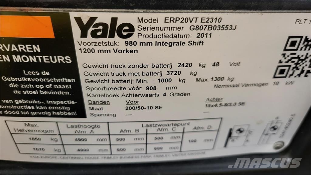 Yale ERP20VT E2310 LWB 2011 Electric forklifts