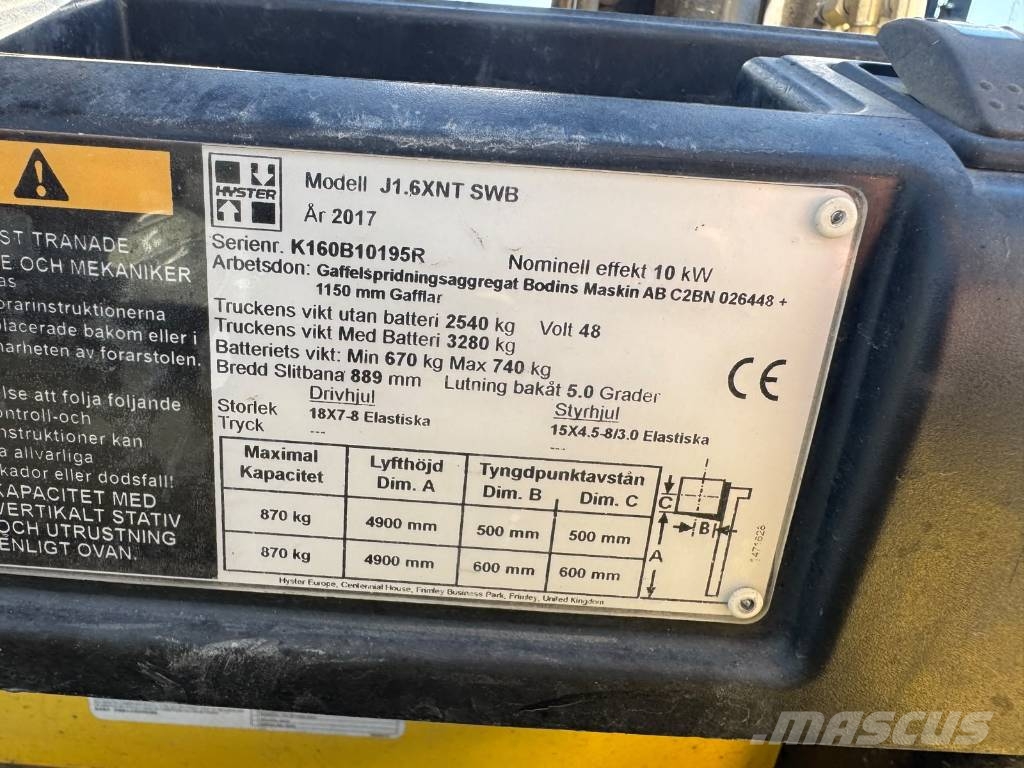 Hyster J 1.6 XNT SWB Electric forklifts
