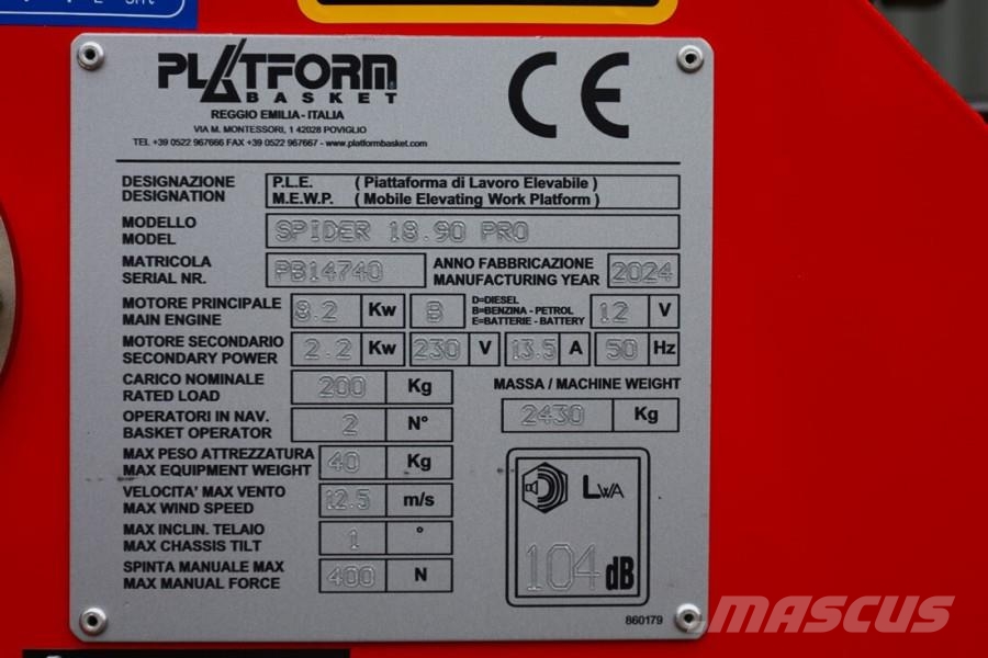 Platform Basket Spider 18.90 PRO CE Declaration, Valid inspection, Nacelles articulées