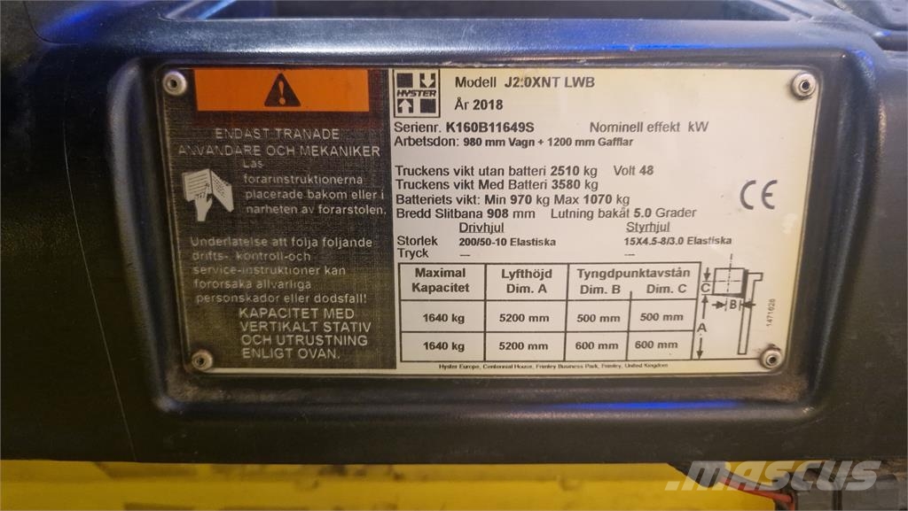 Hyster J2.0XNT LWB Elektrikli forkliftler