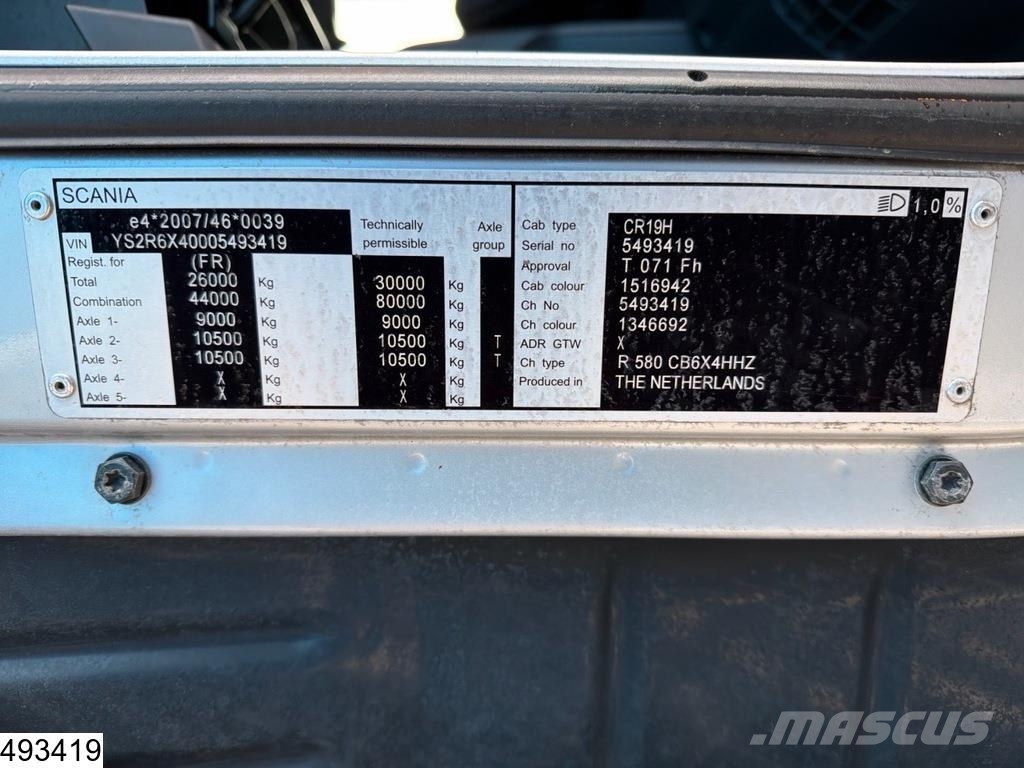 Scania R 580 6x4, EURO 6, Retarder, Standairco Camiones con chasís y cabina