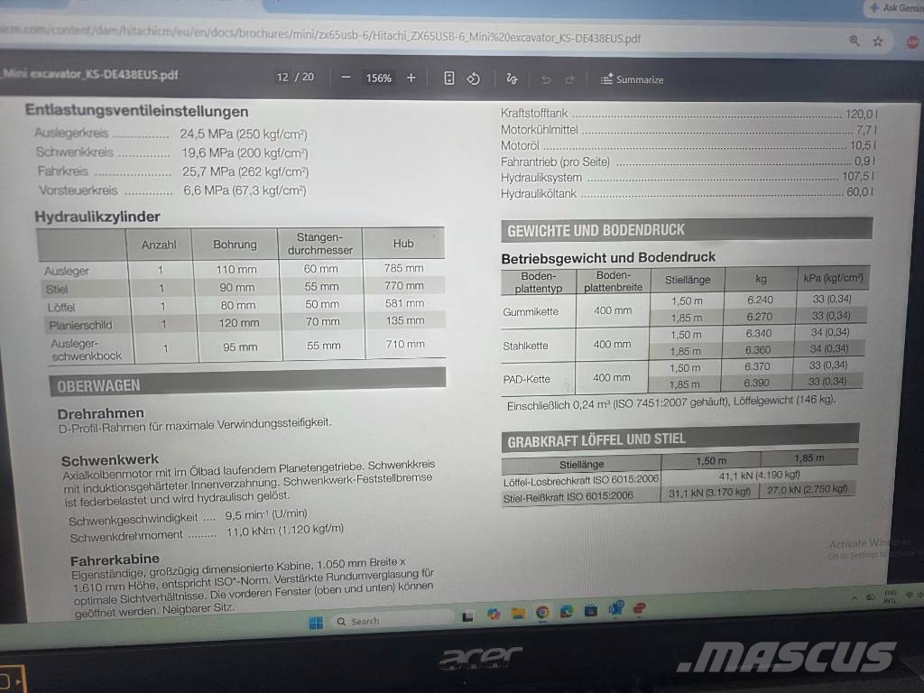 Hitachi ZX 65 USB-6, Quick coupler+3 buckets+breaker MTB25 Minikoparki