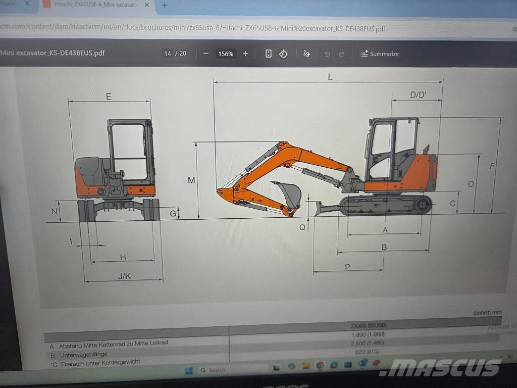 Hitachi ZX 65 USB-6, Quick coupler+3 buckets+breaker MTB25 Minikoparki