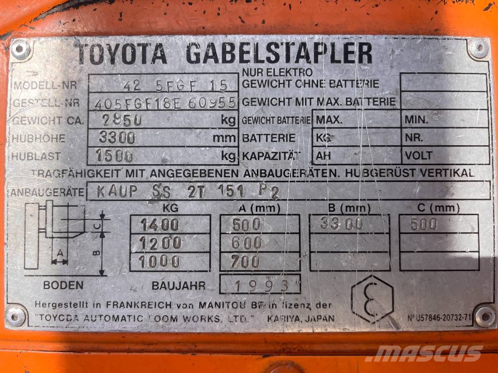 Toyota 5 FGF15 /42/ V-4080 OB LPG (dujiniai) krautuvai