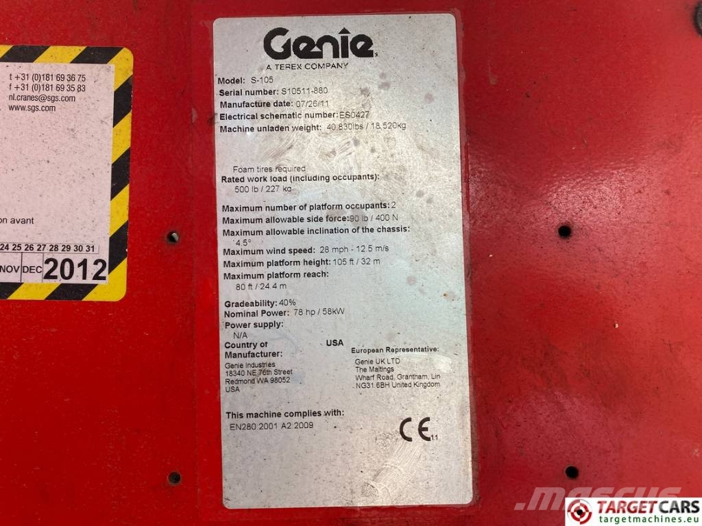 Genie S-105 Telescopic 4x4x4 Diesel Boom WorkLift 3400cm Plataformas con brazo de elevación telescópico