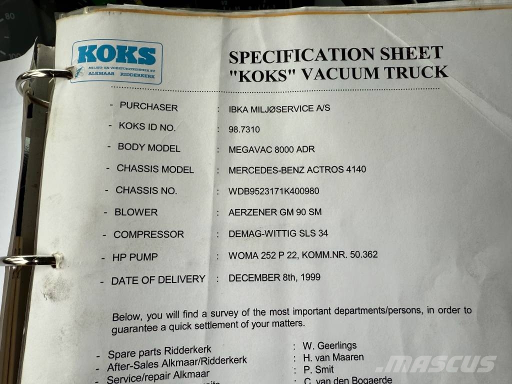 Mercedes-Benz Actros 4140 8x4 KOKS MEGAVAC 8000 ADR Tørsuger Paine-/imuautot