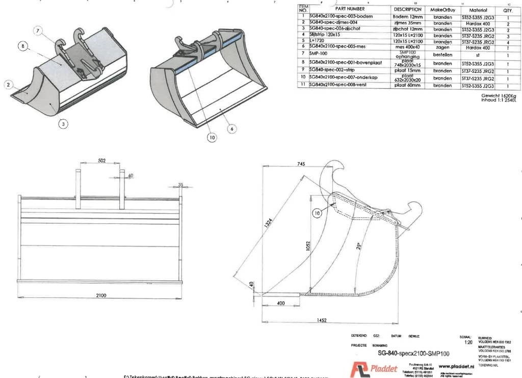 Pladdet Bucket SG840NX2100, Quickcoupler SMP100 Skuffer