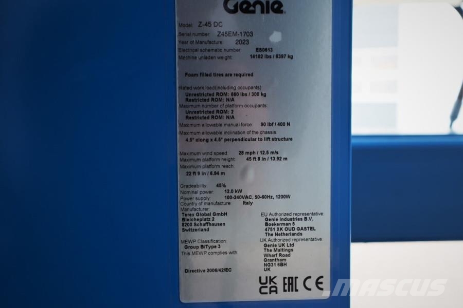 Genie Z45-DC Valid inspection, *Guarantee, Fully Electri Plataformas con brazo de elevación manual