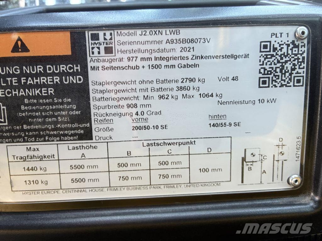 Hyster J 2.0XN-LWB Električni viljuškari