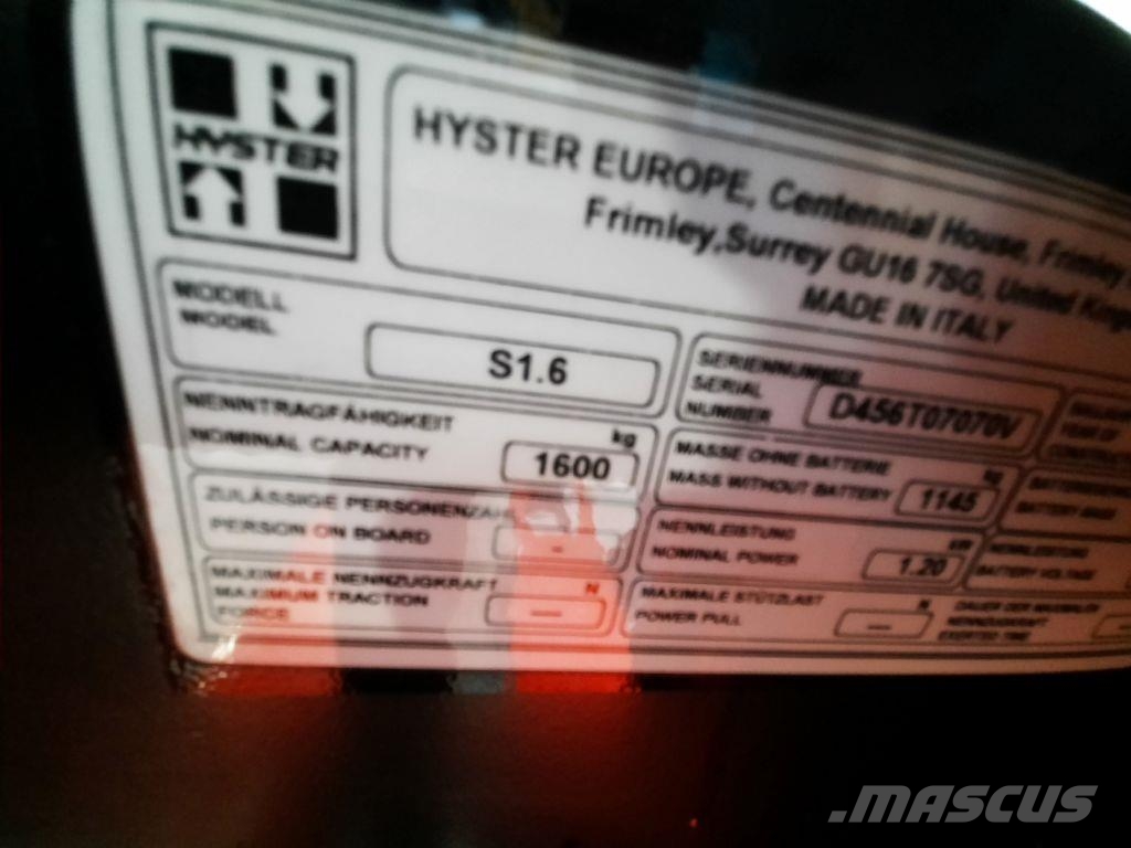 Hyster S 1.6iLACInitialhub Ručni električni viljuškar