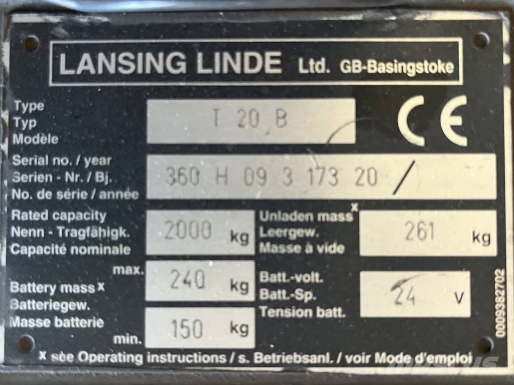 Linde T 20 V-1237 OB 보행식 리치 지게차