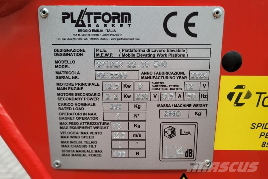 Platform Basket SPIDER 22.10 EVO CE Declaration, Valid inspection, Съчленени стрелови подемници