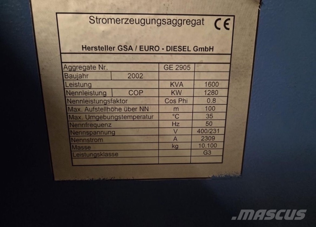 MTU Notstromaggregat 1600 KVA Generator 1280KW 12V4000 Geradores a diesel