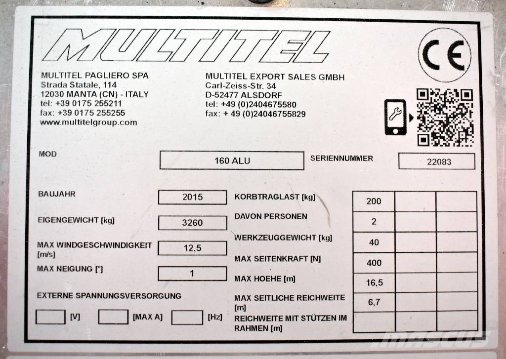 Multitel 160ALU Plataformas aéreas montadas em camião