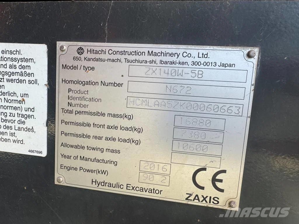 Hitachi ZX140 ZX140-5B 5300 uur !! Ekskavatori uz riteņiem