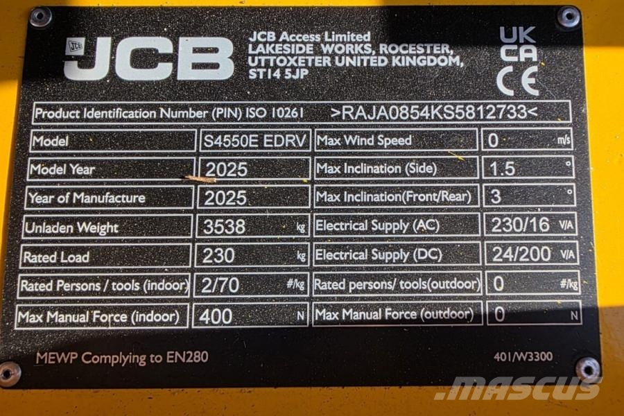 JCB S4550E Valid inspection, 16m Working Height, 230kg Škarjaste dvižne ploščadi