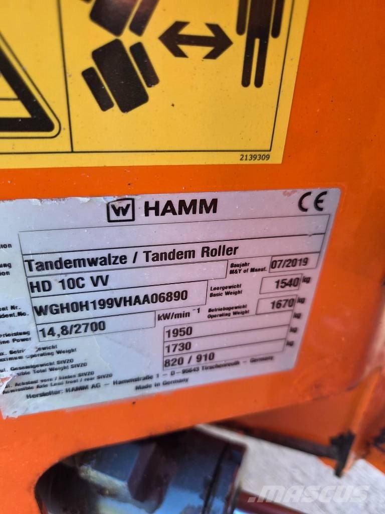 Hamm HD 10 C VV, 2019, 667h, 1m wide, Kubota Οδοστρωτήρες διπλού κυλίνδρου