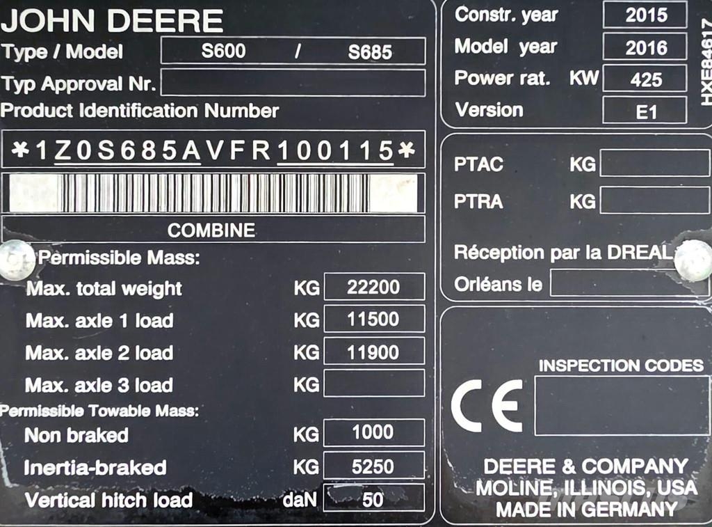 John Deere S685i Sklízecí mlátičky