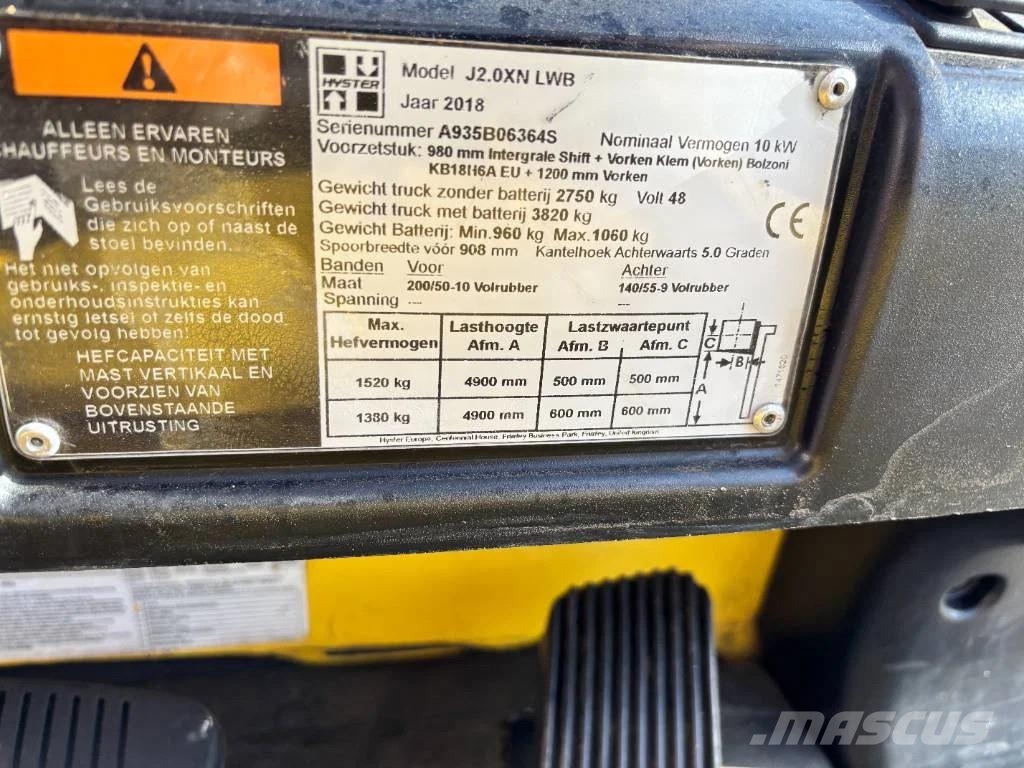 Hyster J2.0 XN LWB 2000kg E- Heftruck Electric forklifts