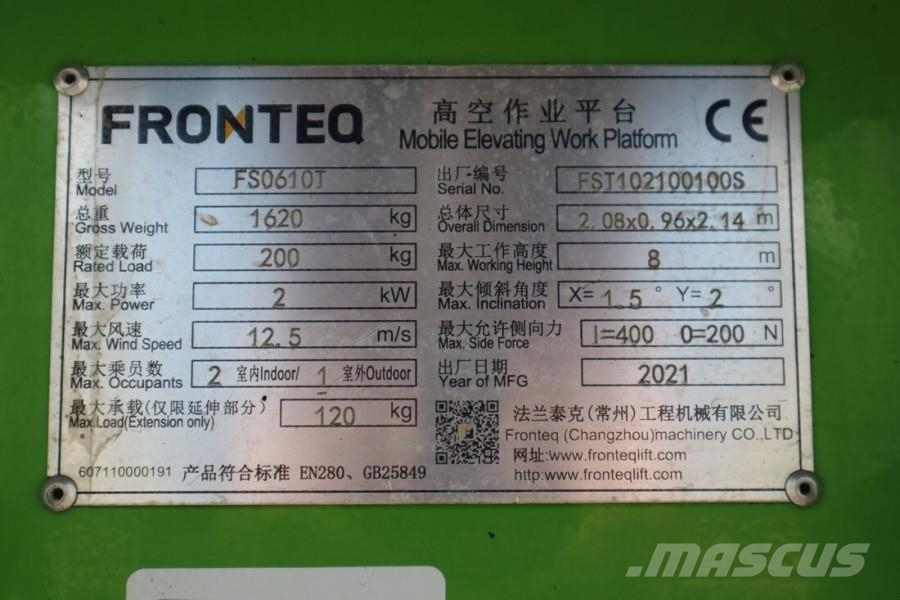 Fronteq FS0610T CE Declaration, 6.7m Working Height, 200kg Makasli platformlar