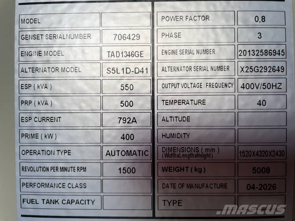 Volvo TAD1346GE - 550 kVA Generator - DPX-18882 Diesel Generatoren